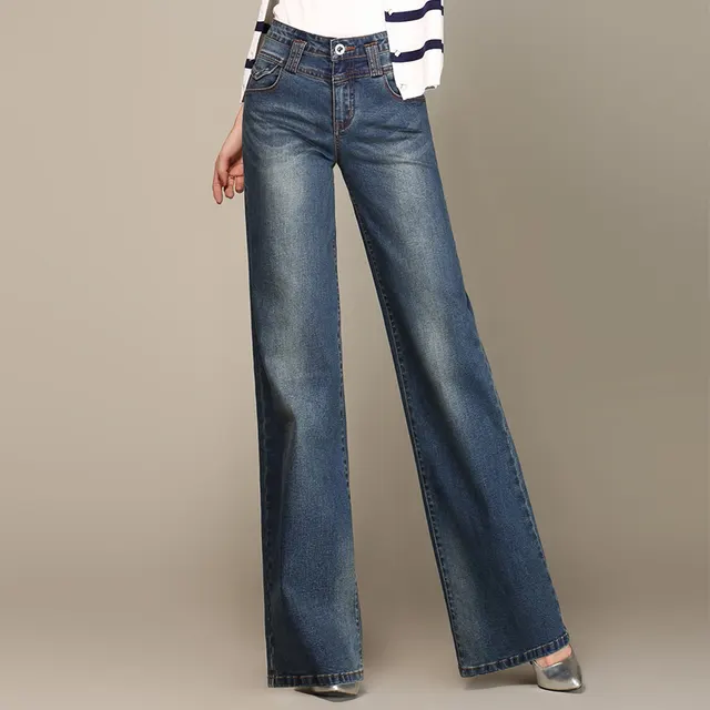 Spring And Autumn Women's Denim Straight Wide leg Casual Pants Sapphire - Shop at LoveMi