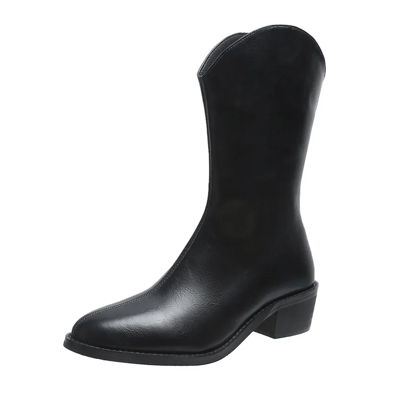 Pointed Mid tube Thick Heel Short Boots Black - Shop at LoveMi