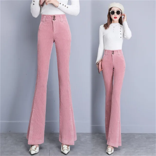 Plush Drape Micro flared High waist Corduroy Casual Trousers Pink - Shop at LoveMi
