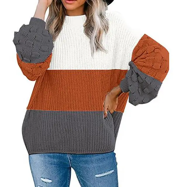 New Style Loose Pullover Commuter Knit Sweater Long Sleeves Orange Grey - Shop at LoveMi