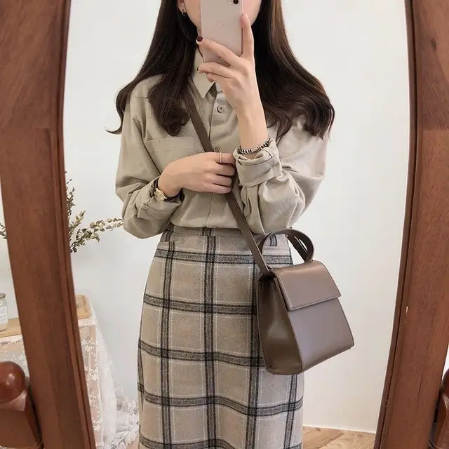 Female Student Chic Mid length Skirt With Hip Woolen Skirt Grey - Shop at LoveMi