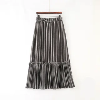 Elastic Gold Velvet Temperament A-line Long Skirt - Grey