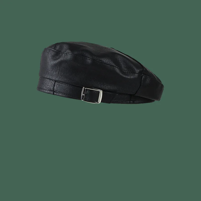 Autumn Popular Soft Leather Textured Beret Flat Top Painter Cap Black - Shop at LoveMi