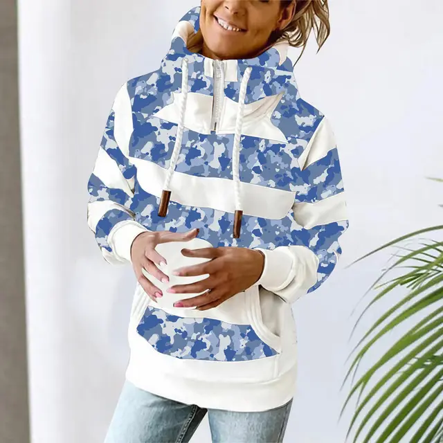 Printed Long Sleeve Hooded Pullover Ladies Sweatshirt Top Blue - Shop at LoveMi