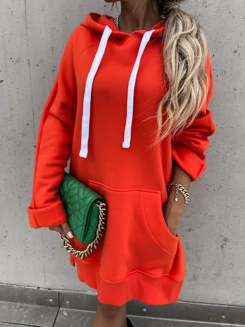 Autumn And Winter Mid-length Sleeve Hooded Sweater - Orange