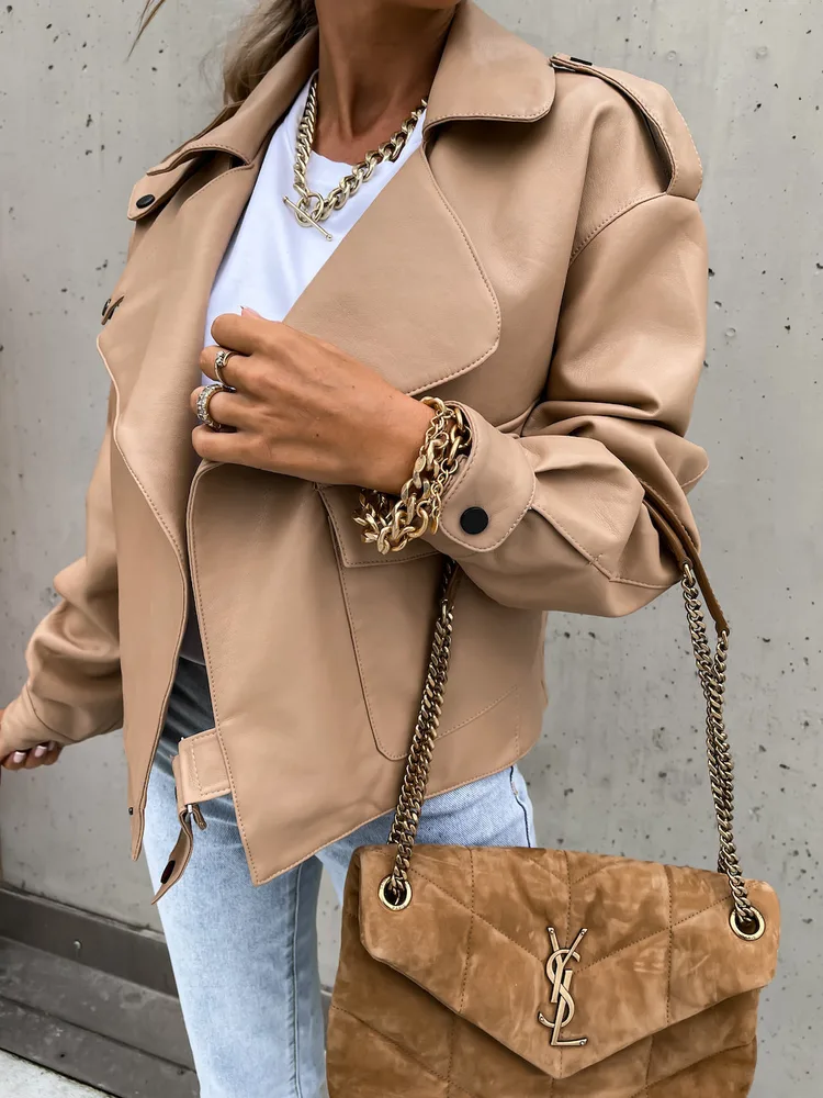 Women PU Leather Top Coat Jacket Loose - Khaki