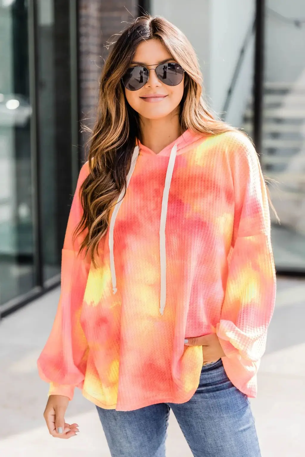 Ladies Tie Dye Hooded Long Sleeve Sweatshirt Pullover - Pink