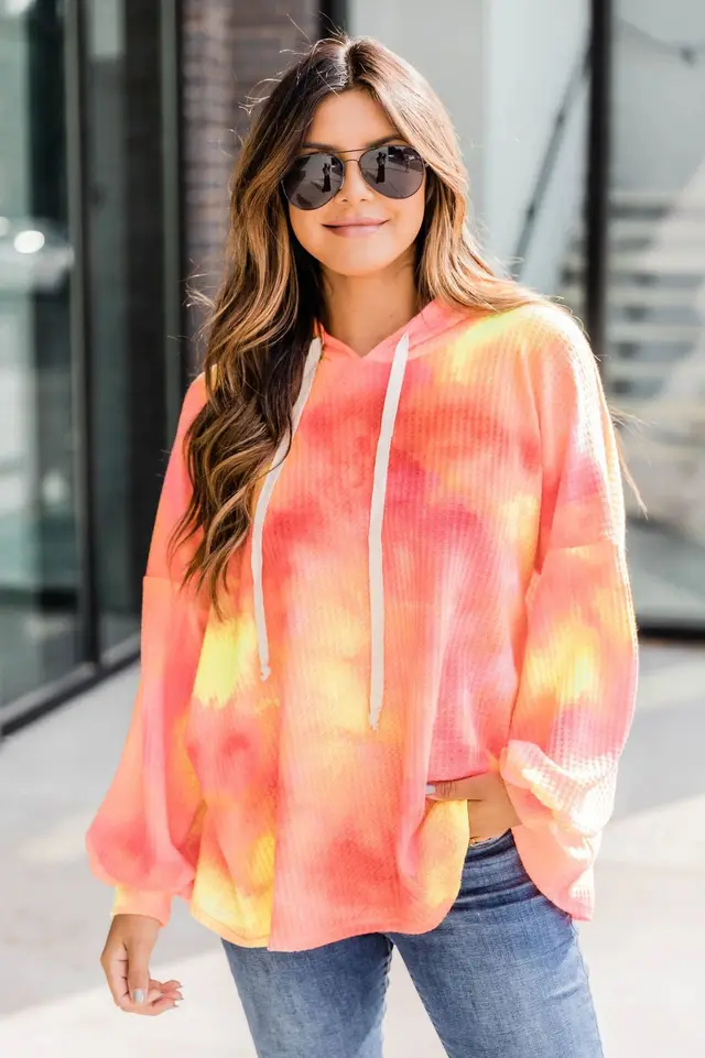 Ladies Tie Dye Hooded Long Sleeve Sweatshirt Pullover Pink - Shop at LoveMi