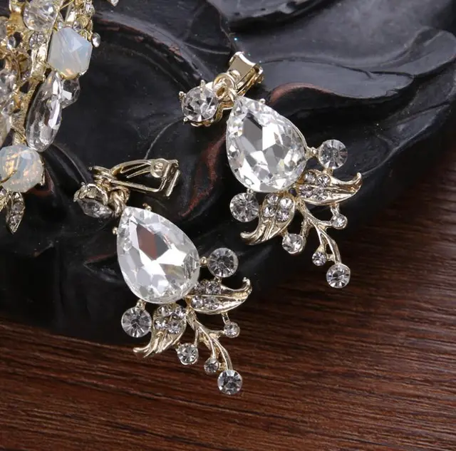 Bride Crystal Crown Hair Accessory Golden White Diamond Ear Clips - Shop at LoveMi