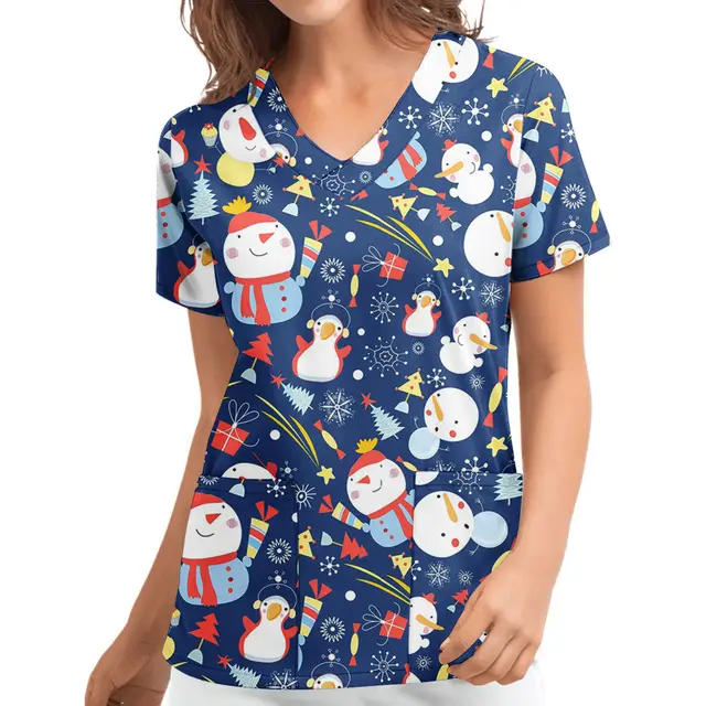 Christmas Printed V neck Short Sleeve Workwear Workwear Top - Shop at LoveMi