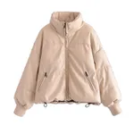Fashion Urban Casual Solid Color Simple PU Cotton Jacket Women's Small Stand-up Collar - Light Pink
