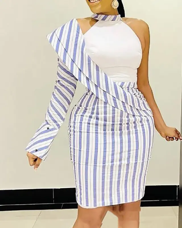 Blue Striped Asymmetric Turn over Shoulder Long sleeved Tight Skirt Blue - Shop at LoveMi