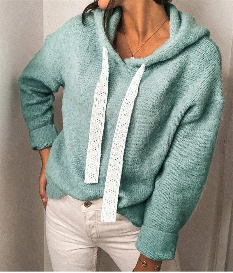 Fashion Casual Solid Color Lace Drawstring Hooded Sweater Cyan - Shop at LoveMi