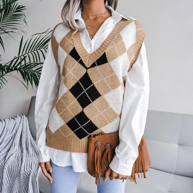 Round Neck Hollow Leaf Casual Knitted Vest Sweater B Khiki - Shop at LoveMi