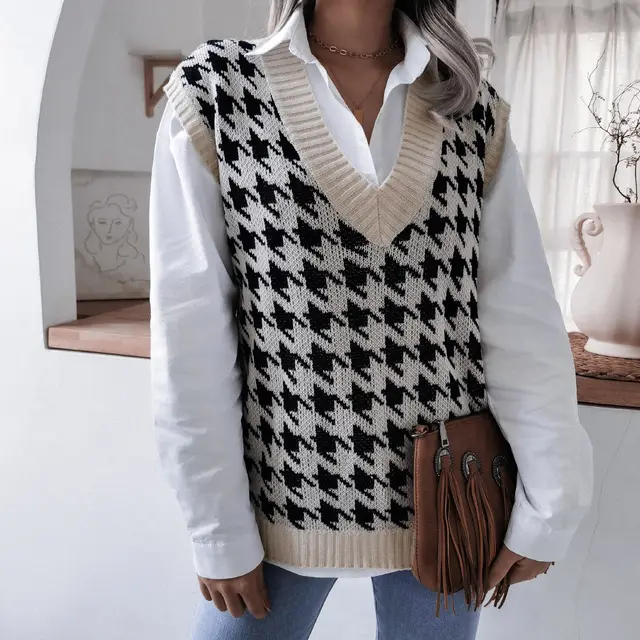 Round Neck Hollow Leaf Casual Knitted Vest Sweater C Apricot - Shop at LoveMi