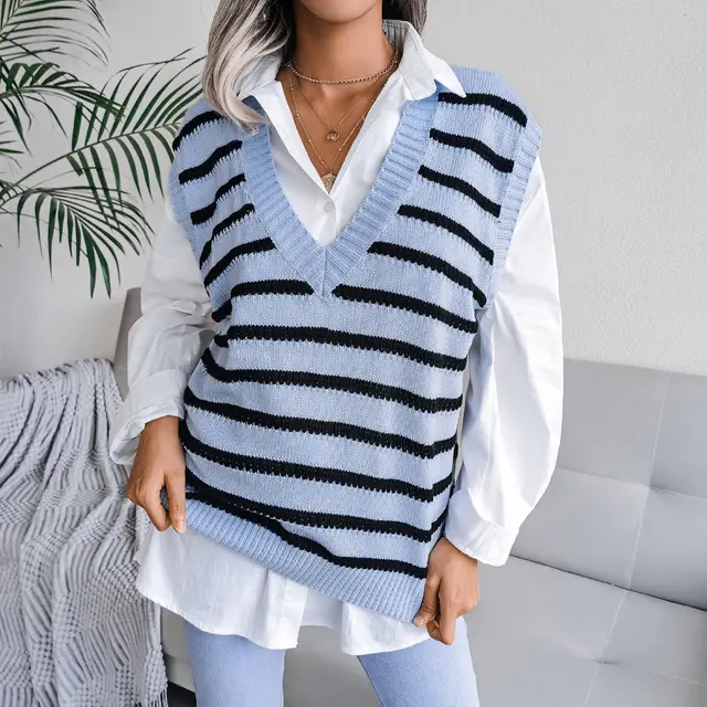 Round Neck Hollow Leaf Casual Knitted Vest Sweater D Blue - Shop at LoveMi