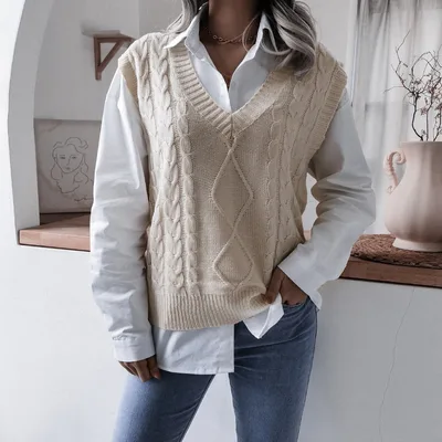 Round Neck Hollow Leaf Casual Knitted Vest Sweater E Apricot - Shop at LoveMi