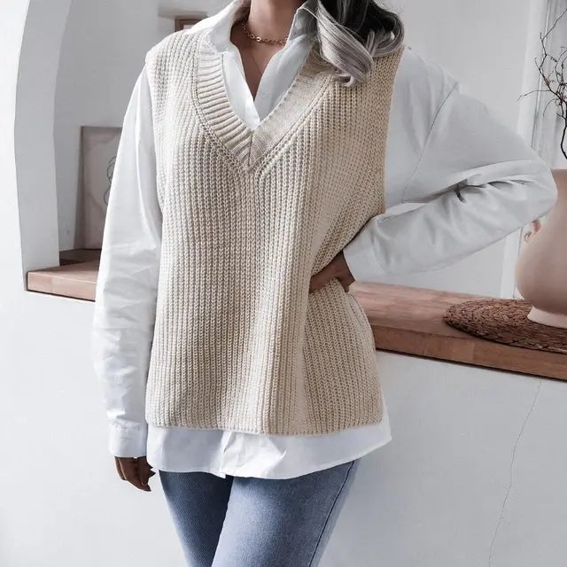 Round Neck Hollow Leaf Casual Knitted Vest Sweater G Apricot - Shop at LoveMi