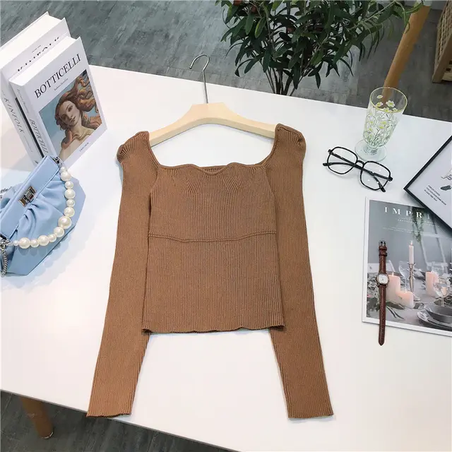 Retro Design Wave Neck Slim Slimming Sexy Knit Sweater Top Camel - Shop at LoveMi