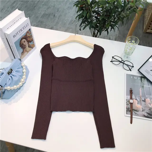 Retro Design Wave Neck Slim Slimming Sexy Knit Sweater Top Coffee - Shop at LoveMi