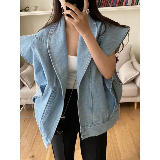 Summer Retro Niche Lapel Ruffled Loose Wild Washed Blue Denim Waistcoat Blue - Shop at LoveMi