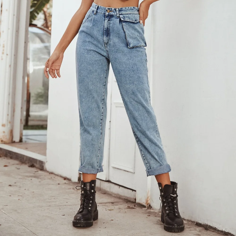 High Waist Tooling Patch Pocket Denim Trousers Blue - Shop at LoveMi