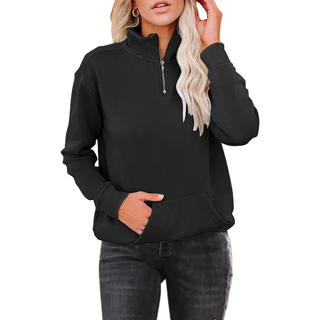 Women's Solid Color Zipper Stand Collar Long Sleeve Sweater - Black