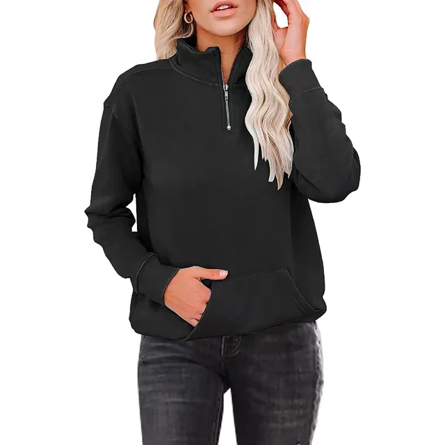 Women's Solid Color Zipper Stand Collar Long Sleeve Sweater Black - Shop at LoveMi
