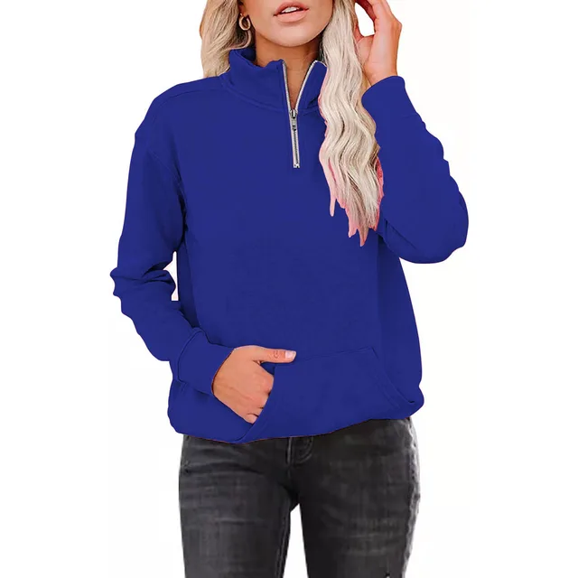 Women's Solid Color Zipper Stand Collar Long Sleeve Sweater Blue - Shop at LoveMi