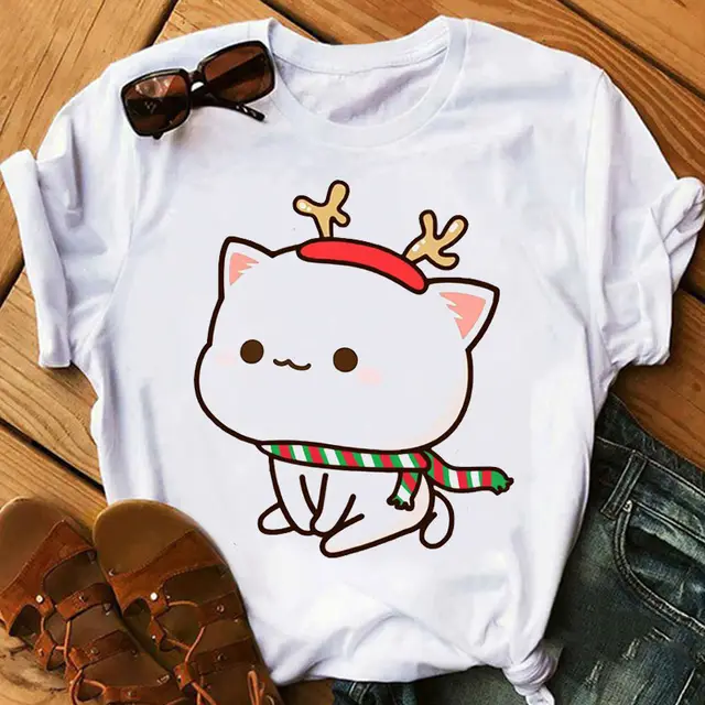 Cute Cartoon Cat Print Couple White T shirt Loose Round Neck 14 Style - Shop at LoveMi