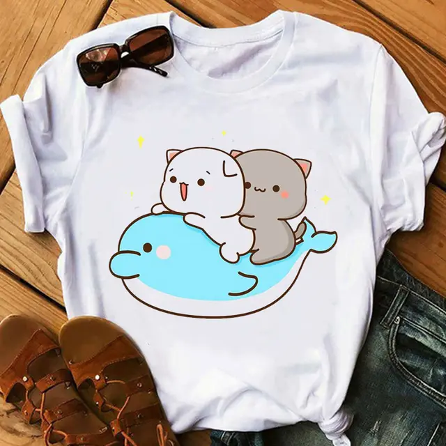 Cute Cartoon Cat Print Couple White T shirt Loose Round Neck 8 Style - Shop at LoveMi