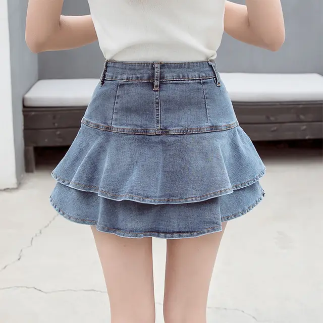 Korean Style All match High waist Ruffled Stitching Denim Skirt Light Blue - Shop at LoveMi