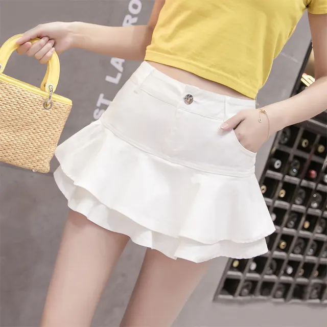 Korean Style All match High waist Ruffled Stitching Denim Skirt White - Shop at LoveMi