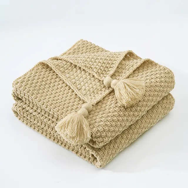Nordic Tassel Knitted Blanket Office Nap Sofa Cover Bed End Towel Beige And Yellow - Shop at LoveMi