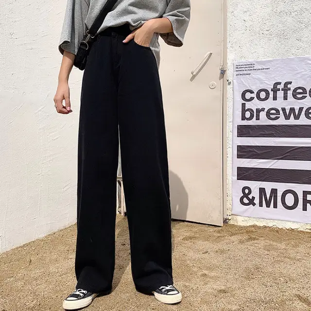 Mopping Trousers Rolled Edge High Waist Slim Straight leg Pants Black - Shop at LoveMi
