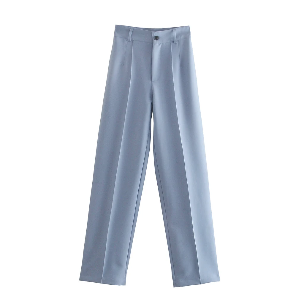 Straight High Waist Slim Solid Color Casual Pants - Light Blue