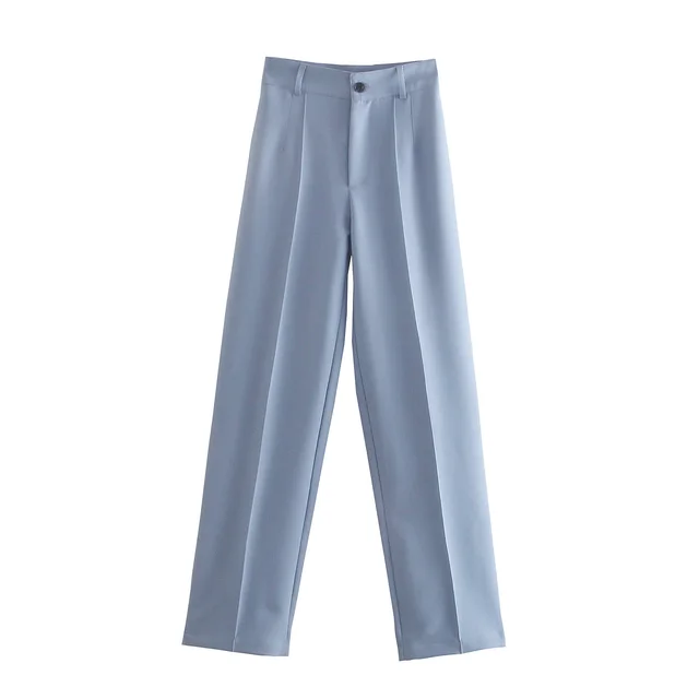Straight High Waist Slim Solid Color Casual Pants Light Blue - Shop at LoveMi