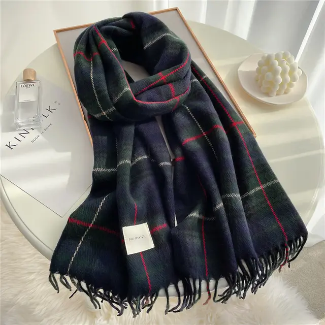 Plaid Scarf Warm And Fashionable Tassels Navy Green - Shop at LoveMi