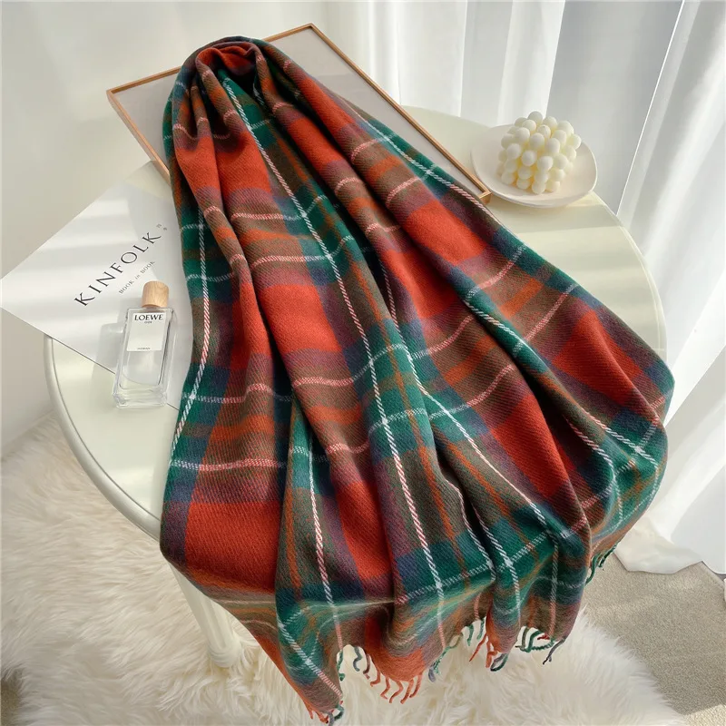 Plaid Scarf Warm And Fashionable Tassels - Orange Green