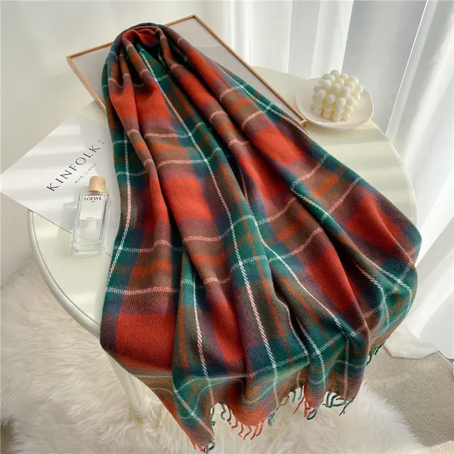 Plaid Scarf Warm And Fashionable Tassels Orange Green - Shop at LoveMi