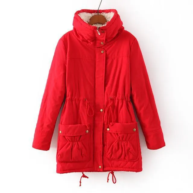 Winter New Slim Slimming Waist Long Lamb Plush Women's Cotton Coat Red - Shop at LoveMi
