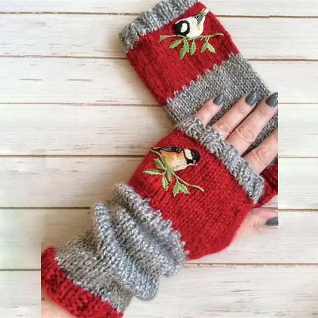Fashion Warm Stitching Embroidered Gloves Women Red - Shop at LoveMi