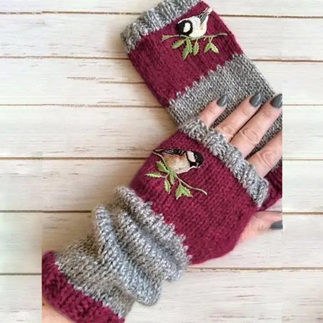 Fashion Warm Stitching Embroidered Gloves Women Wine Red - Shop at LoveMi