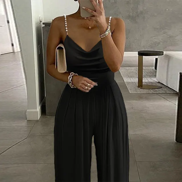 Wide Leg Sleeveless V neck Halter Trousers Jumpsuit Black - Shop at LoveMi