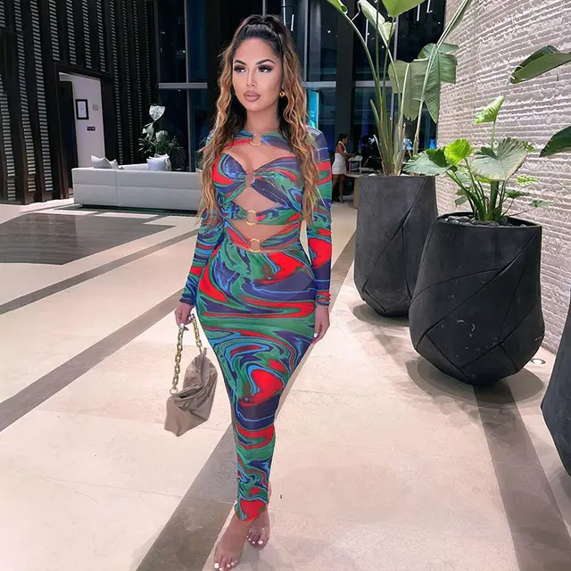 Printed Contrast Color Design Sense Bag Hip Dress Blue - Shop at LoveMi