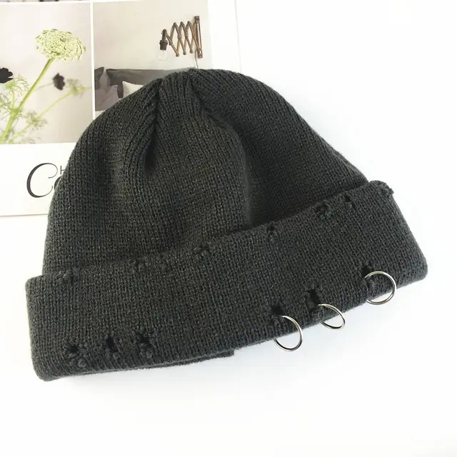 Personality Hoop Hole Wool Knitted Warm Hat Dark Grey - Shop at LoveMi