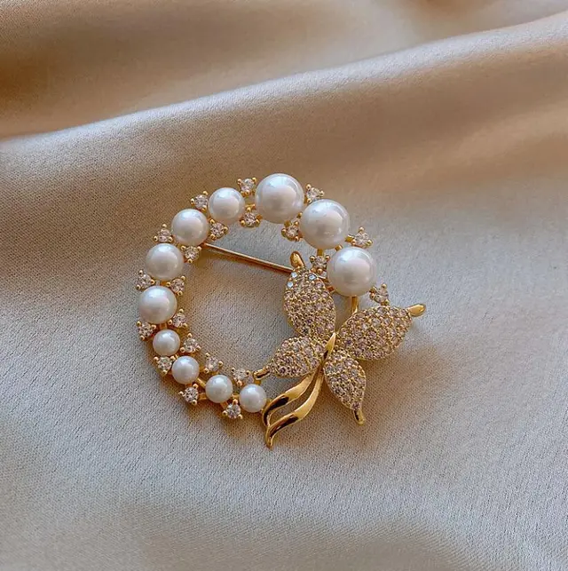 Pearl Leaf Diamond Butterfly Flower Geometric Ring Brooch I - Shop at LoveMi