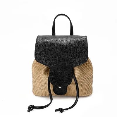 Leisure Travel Backpack Women Mini Straw Woven Bag Black - Shop at LoveMi