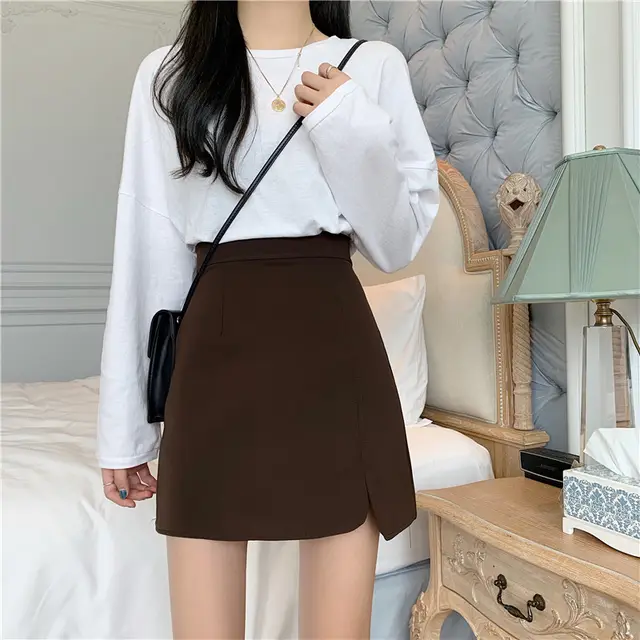 Slit High Waist A line Fashion Slim Short Skirt Coffee Brown - Shop at LoveMi