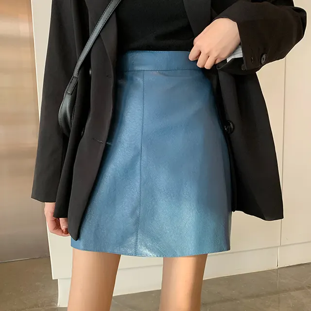 Leather High waisted Thin A line With Hip Skirt Blue - Shop at LoveMi